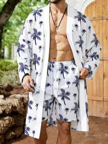 Plus-Size Men's Palm Print Long Shawl Casual Set, Made Of 100% Polyester, Tropical Palm Style Kimono-Style Cardigan And Shorts Set, Regular Fit - Mixed Colors - View 1