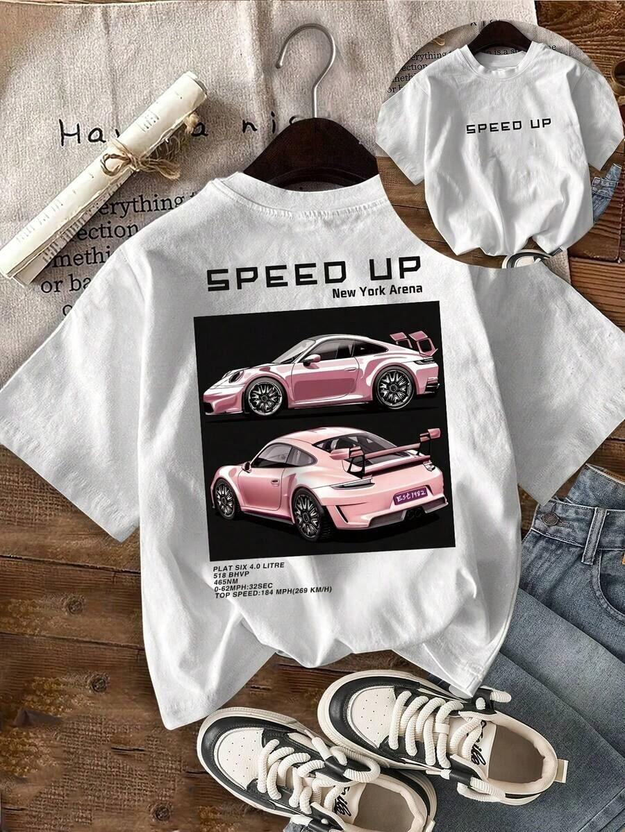 GiftCamiseta de manga corta con cuello redondo y estampado de coche BMW rosa - Estilo vintage urbano, camiseta holgada de algodón con estampado.Soft - Blanco - Ver 1