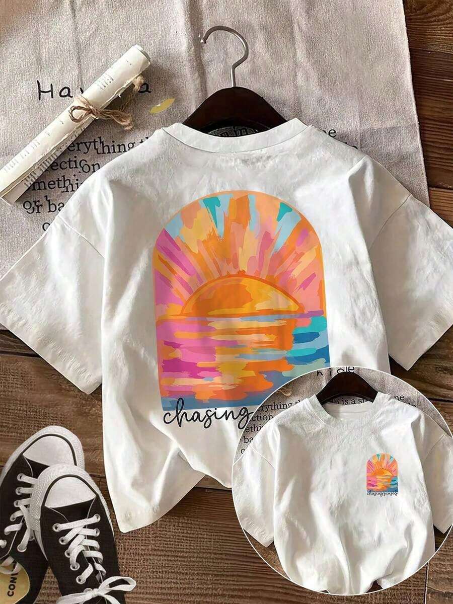 GiftPatrón estampado a doble cara [Impresión a doble cara] Nueva camiseta casual de primavera/verano para mujer con diseño de brisa marina y atardecer, camiseta de manga corta con cuello redondo - Camiseta unisex de algodón holgada de estilo vintage urbano con cuello redondo y manga corta. Suave - Blanco - Ver 1