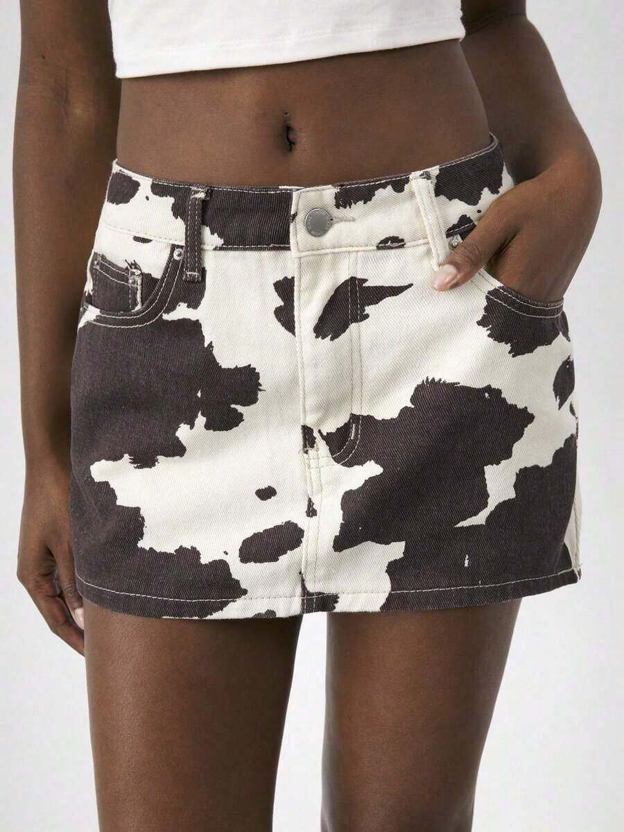 Maija Minifalda vaquera de mujer con estampado de vaca, estilo Y2K, adecuada para conciertos de música, vuelta al colegio, ropa de calle, otoño - Multicolor - Ver 1