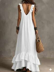 Vestido nuevo para mujer, estilo boho urbano, mangas cortas, cuello V, detalles de volantes, aire retro, cómodo y favorecedor, perfecto para paseos, citas y looks de día - Blanco - Ver 3