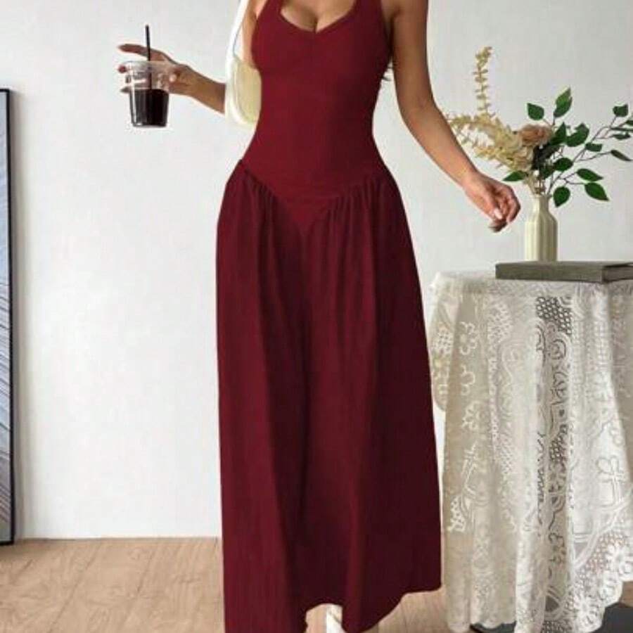 French Deep V-Neck Backless Tie Waist Pleated Dress, Sexy - Rojo - Ver 1