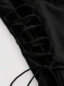 Vestido de tirantes unicolor pecho con fruncido con cordón lateral - Negro - Ver 5