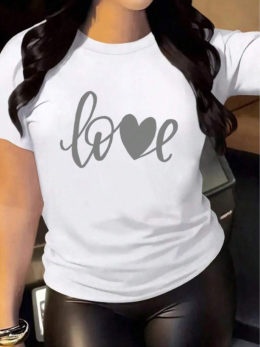 Camisa Mujer Gris Amor Estampado Primavera Verano Casual Suelta Cuello Redondo Manga Corta - Blanco - Ver 1