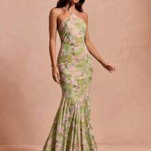Summer Romantic Women's Green Floral Print Elegant Chiffon Open Shoulder Halter Long Dress,Vintage,Prom Dress,Dresses For Wedding,Mother's Day,Festival Dresses,Elegant Dresses For Women,Luxury Evening Dress For Women,Chic Evening Dress,Fringe Dress,Party Dress,Vacation Outfits Women,Summer Outfits For Women,Chic - Verde - Ver 7