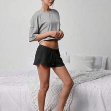 Mid Rise Drawstring Waist Textured Waffle Knit Lounge Short Spring, Summer, Festival, Stagecoach, Coachella, Boho, Cute, Casual, Country Concert Outfit, Nashville, Rodeo, Western Wear For Women, Vacation, Beach, 4th Of July Outfit - Verde Oscuro - Ver 11