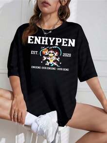 Camiseta Unisex con Estampado de Grupo K-Pop, Cuello Redondo, Manga Corta, Diseño Casual, Ideal para Fans - Negro - Ver 1