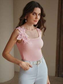 Camiseta de punto de costilla con bordado, de ajuste ceñido, de moda - Rosa - Ver 4