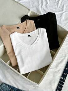 3 piezas Camisetas ajustadas de cuello en V de verano para mujer, camisetas básicas de manga corta de ajuste ceñido de unicolor con estampado de anime de la subcultura punk - Multicolor 3 - Ver 7