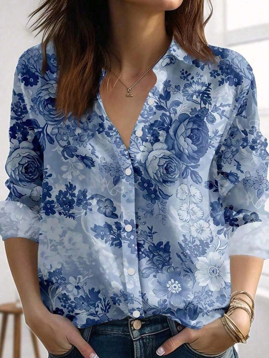 Selamara Camisa de mujer de manga larga con botones y estampado casual, adecuada para paseos y estilismo casual, elegante manga larga, estilo relajado, ajuste cómodo, diseño innovador - Multicolor 4 - Ver 1