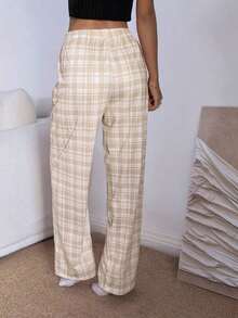 Pantalones de estar por casa rectos de cintura elástica con estampado de cuadros para mujer, para invierno - Caqui - Ver 2