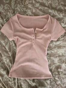 Camiseta de manga corta con cremallera frontal de 2 vías y adorno de encaje para mujer - Multicolor 14 - Ver 3