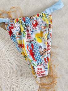 Swim Mod Conjunto de bikini de dos piezas con estampado de frutas y verduras en todo el diseño, con escote halter y lazos, para vacaciones de verano - Multicolor 6 - Ver 6