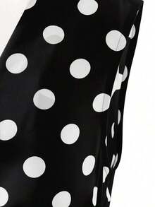 Vestido de línea A con cuello en V sin mangas, estampado de lunares y lazo en la cintura, adecuado para el Día de San Valentín y citas - Negro - Ver 7