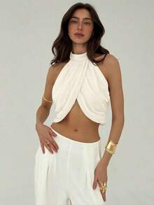 Blusa elegante y sexy para mujer con cuello cruzado, fruncido en la espalda y botones, de estilo casual y de vacaciones, de gasa - Albaricoque - Ver 4