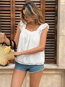 Blusa de mujer con cuello cuadrado y mangas cortas con estampado de lunares - Blanco - Ver 4