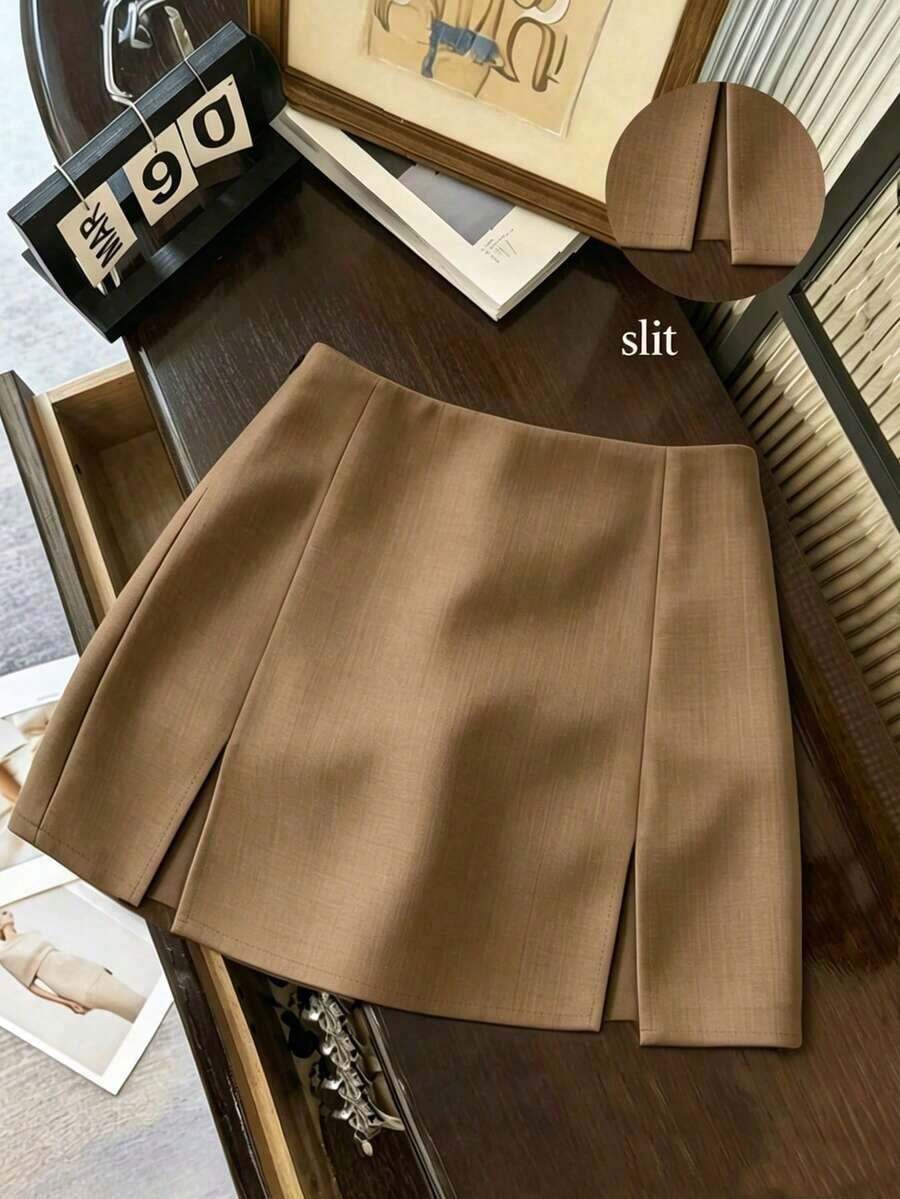 Falda casual versátil de cintura baja con abertura, falda gris, falda A-line de doble capa con bajo con abertura, falda casual de mujer, mini falda, falda corta ajustada de cintura alta con abertura, falda casual versátil para uso diario, r - Marrón - Ver 1
