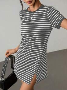 Vestido corto de manga corta para el verano con estampado de rayas y ribete a color block - Gris Oscuro - Ver 4