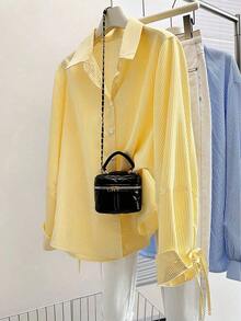 Camisa casual de manga larga con cuello vuelto, a rayas, holgada, con cordón y protección solar para mujeres - Amarillo - Ver 3