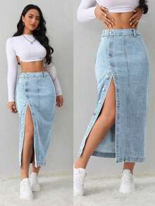 Tall Falda vaquera de mujer, casual, suelta, con abertura lateral, falda midi azul, falda larga para mujeres, falda azul claro, falda azul, ropa de invierno para mujer - Lavado ligero 2 - Ver 8