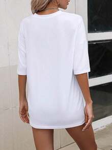 Solt 1pscINAWLY Camiseta casual de mujer con cuello redondo, manga caída y estampado de lazo, para el verano100%cotton graphic - Blanco 2 - Ver 2