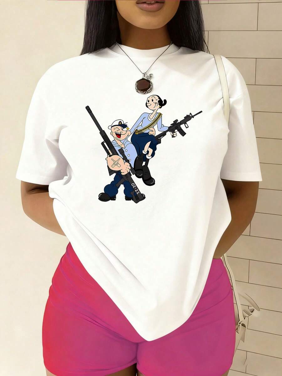 Women's fashionable T-shirt, featuring the "Mighty Man from and " pattern print, made of 100% pure cotton with a round neck and short sleeves. It is comfortable and breathable, casual and elegant, a must-have for summer. - Blanco - Ver 1