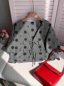Camisa de mujer tejida a cuadros en verde menta - Negro - Ver 6