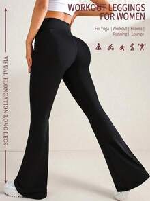 Pantalones acampanados de cintura alta de unicolor para mujer, leggings deportivos de yoga, pantalones ajustados de compresión, pantalones para correr y fitness, ropa de mujer, leggings de mujer, pantalones largos de verano para mujer primavera - Negro - Ver 2
