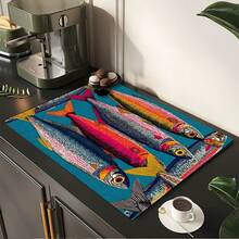 1 pieza Estera absorbente/secado con estampado de pescado salado para cafetera, vajilla - Estera protectora absorbente de poliéster para escritorio con almohadilla antideslizante de goma, para decoración de la cocina, bar en casa y mesa de comedor - Multicolor - Ver 3