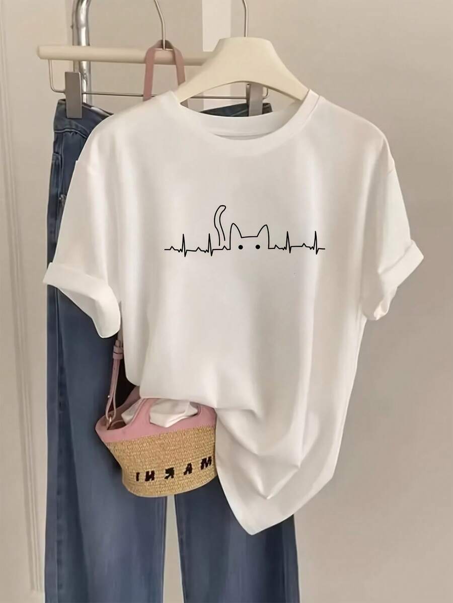 Women's Modern, Casual T-Shirt, Perfect For Parties And Lounging At Home, 100% Cotton, Loose Fit. Women's Summer Graphic T-Shirt - Casual And Versatile, Crew Neck And Short Sleeves, With A Heartbeat Line Print, Breathable Fabric, White, 100% Cotton. - 白色 - 查看 1