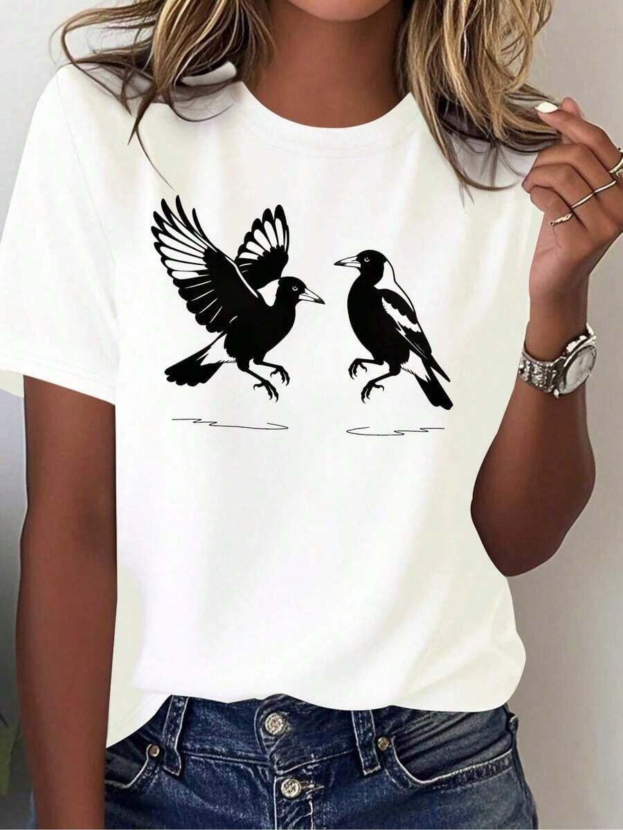 Solt 1 pieza talla unisex. Camiseta de algodón de talla grande de verano para mujer. Camiseta estampada para mujer Bird Australian Magpie Pure, cómoda y versátil, de manga corta informa - Blanco 3 - Ver 1