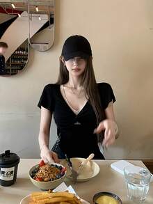 美国性感V领T恤 女款 夏季蕾丝扭结短袖修身露脐上衣 黑色 - 黑色 - 查看 4