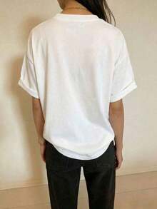 Women's Round Neck T-Shirt, Casual Short Sleeve Top With Heart Print, Summer - 白色 2 - 查看 3