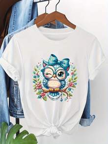 Camiseta con estampado gráfico de búho con lazo floral y animal, manga corta y cuello redondo, top casual para verano y primavera, ropa de mujerRopa diaria para chicas dulces o estudiantes ,Ropa fresca y sin sudor en verano,Traje de fiesta elegante,T-shirt para damas elegantes,Blusas adecuadas para mujeres con curva, - Blanco - Ver 7