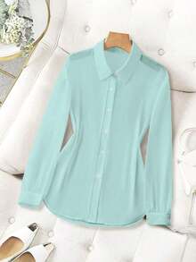 Blusa minimalista de unicolor transparente con cuello vuelto, blusas de manga larga - verde menta - Ver 3