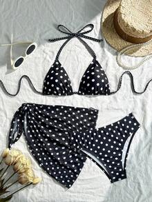 Swim Mod Conjunto de bikini de 3 piezas con estampado de lunares, escote halter y espalda con lazo, para vacaciones en la playa, atuendo de primavera, carnaval 2026, elegante, casual, traje de baño con falda - Blanco y Negro - Ver 1