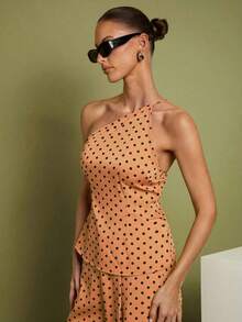 Set de 2 piezas de Top con hombros y pantalones a lunares para mujer, uso casual minimalista de todos los días - Amarillo - Ver 4