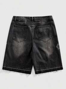 ROMWE MEN Street Life Pantalones cortos de mezclilla con doble cintura y bordado para hombres - Negro 4 - Ver 3