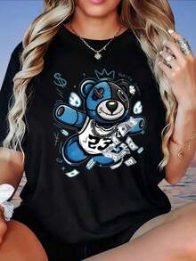 Camiseta Vintage con Diseño Gráfico de Oso Genial, Dinero y Corona para Mujer, Estilo Casual Urbano, Estampados Divertidos, Adecuada para el Día de San Valentín, el Hogar, Caminar, Deportes, Fiestas, Regalos Navideños, Camiseta de Mujer, 220gFashionropa de calor mujer - Negro - Ver 1