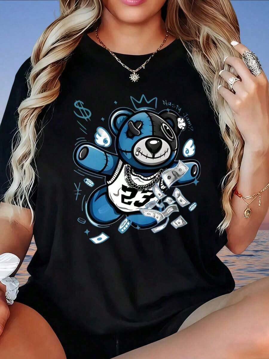 Camiseta Vintage con Diseño Gráfico de Oso Genial, Dinero y Corona para Mujer, Estilo Casual Urbano, Estampados Divertidos, Adecuada para el Día de San Valentín, el Hogar, Caminar, Deportes, Fiestas, Regalos Navideños, Camiseta de Mujer, 220gFashionropa de calor mujer - Negro - Ver 1