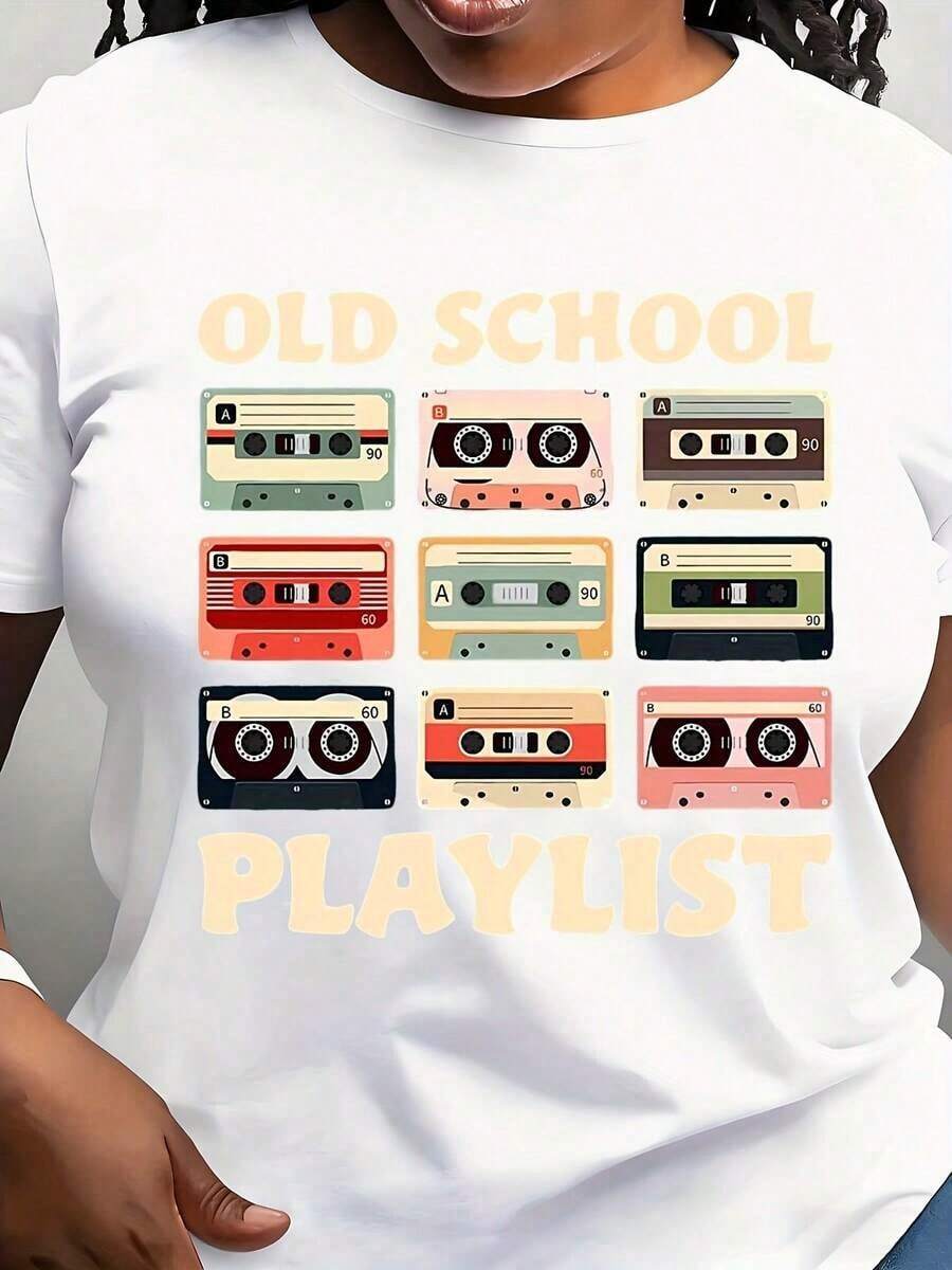 Women's Casual Crew Neck T-Shirt With Vintage Cassette Graphic - Old Playlist Design, Short Sleeve, Regular Fit, All Seasons, Music T-Shirts - 白色 - 查看 1