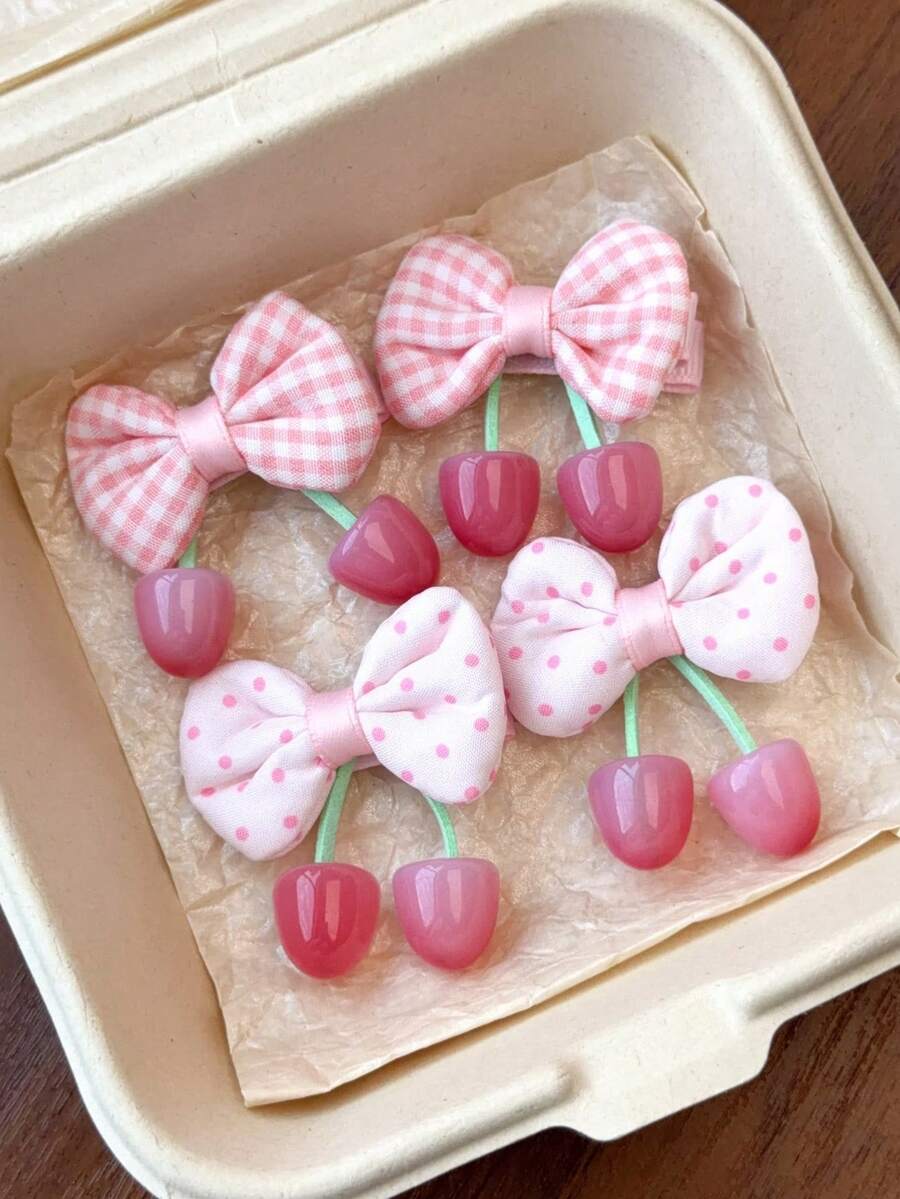 4pcs/2pcs Vintage Velvet Bow Cherry Hair Clips, Cute Side Clips For Girls - Multicolor - View 1
