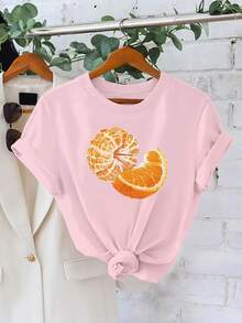 Plus Size, Summer Novelty, Women's Fashion Casual T-Shirt With Orange Slice And Pulp Print, Stylish Women's Clothing - 黑色 - 查看 9