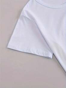 Women's Minimalist Short-Sleeve Casual T-Shirt With Geometric Thai Letter Print - Loose Fit, Crew Neck, Summer Top, Breathable Medium-Stretch Fabric, Machine Washable, Women's T-Shirts, Everyday Comfort, Minimalist Design, Non-See-Through Material. Simple Solid Color T-Shirt For Women, Loose Fit, Casual Short Sleeve. - 白色 - 查看 6