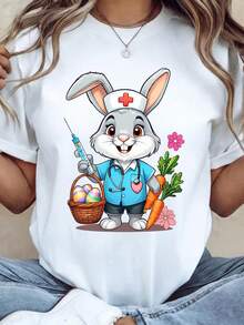 Unisex Easter T-Shirt With A Nurse Bunny Design, Christian Easter T-Shirt, Gift For Christians. Made From 220g Pure Cotton, This Unisex T-Shirt Is The Ideal Weight For All Seasons And Is Suitable For Both Men And Women. The Durable, High-Quality Fabric Is Soft To The Touch And Long-Lasting. Breathable Top. Perfect For Women's Spring And Summer Wear, Holidays, Mother's Day, And Independence Day. - 白色 - 查看 1