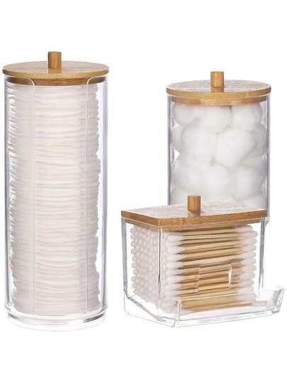 Qtip Holder Dispenser Set - 10oz Cotton Swab Holder With Bamboo Lids, Bathroom Canisters Apothecary Jar Vanity Storage Organizer For Cotton Balls Pads, Floss Picks (3 Packs)