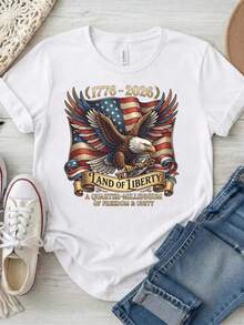 Camiseta patriótica Águila Tierra de la Libertad, 250 aniversario de EE. UU. 1776-2026, Camiseta patriótica del 4 de julio, Regalo del semiquincentenario. 220 g de algodón puro unisex. Peso ideal para todas las estaciones, apto para hombres y mujeres. Tejido duradero de alta calidad, suave al tacto y de larga duración. Parte superior transpirable. Adecuado para mujer en primavera y verano, vacaciones, Día de la Madre, Día de la Independencia. - Blanco - Ver 1