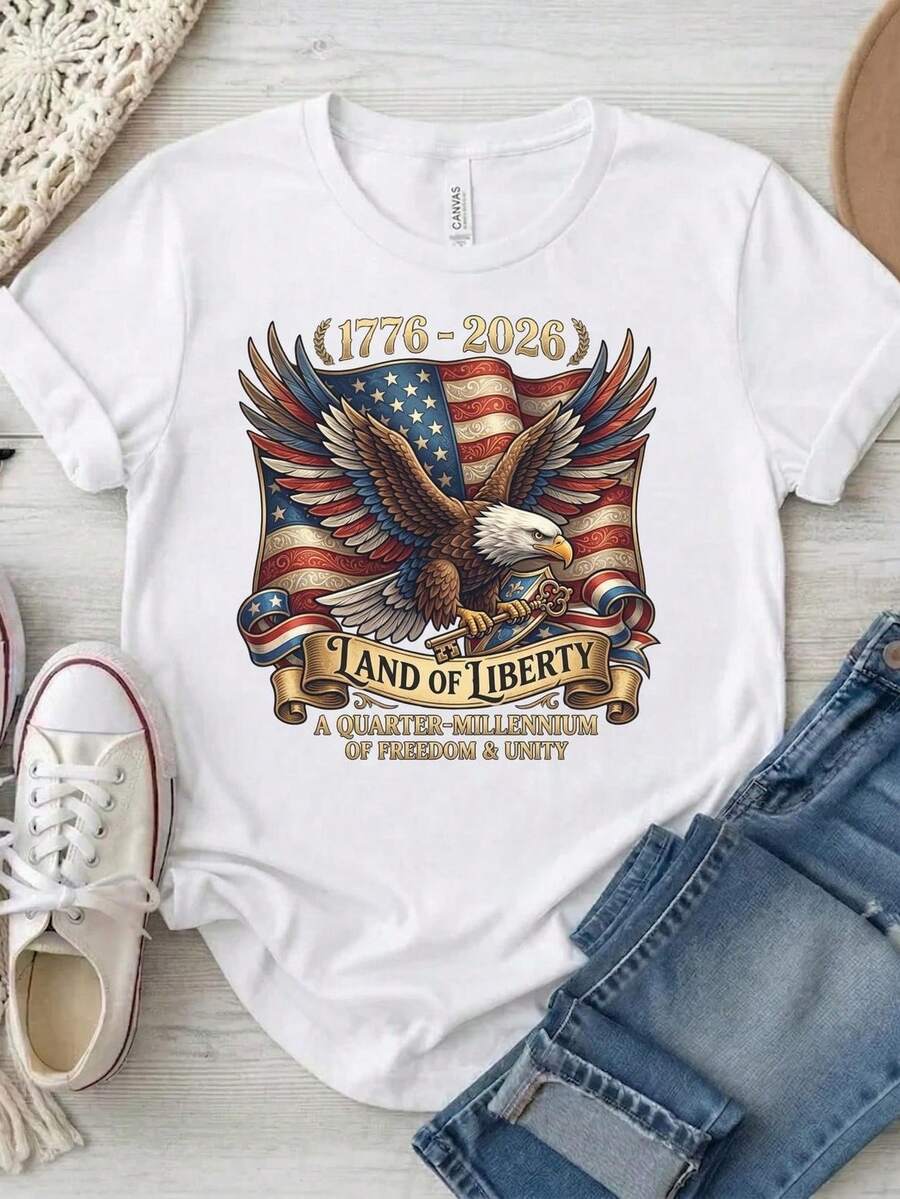 Camiseta patriótica Águila Tierra de la Libertad, 250 aniversario de EE. UU. 1776-2026, Camiseta patriótica del 4 de julio, Regalo del semiquincentenario. 220 g de algodón puro unisex. Peso ideal para todas las estaciones, apto para hombres y mujeres. Tejido duradero de alta calidad, suave al tacto y de larga duración. Parte superior transpirable. Adecuado para mujer en primavera y verano, vacaciones, Día de la Madre, Día de la Independencia. - Blanco - Ver 1