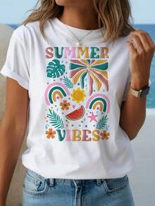 Ms. Tee Vintage Tropical Print T-Shirt - White Short Sleeve Summer Style Top, Lightweight Casual Beach Shirt With Palm And Watermelon Print, Machine Washable Round Neck Holiday T-Shirt, Loose And Breathable Bohemian Style Short Sleeve Top For Spring, Fashionable Short Sleeve T-Shirt / Short Sleeve Tee 100% Cotton. - 白色 - 查看 6