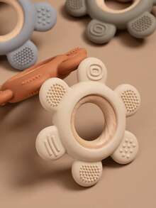 1pc Flower Teddy Bear Shaped Silicone Teether With Wooden Ring, Baby Teething Chew Toy, Multicolor Optional For Newborn Infant Molar Training - Multicolor - View 3
